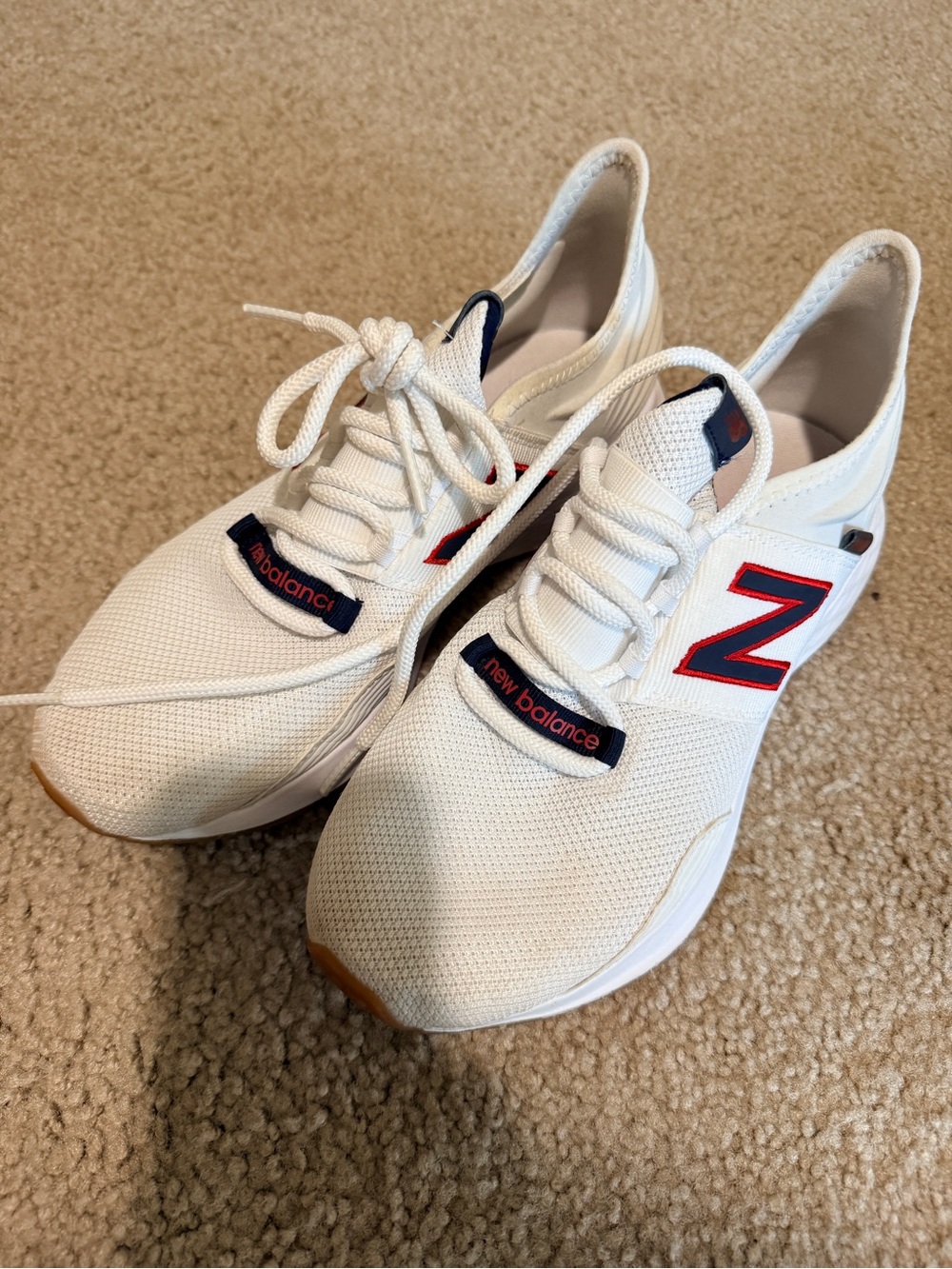 New Balance Women’s White Sneakers with Red & Navy Accent
